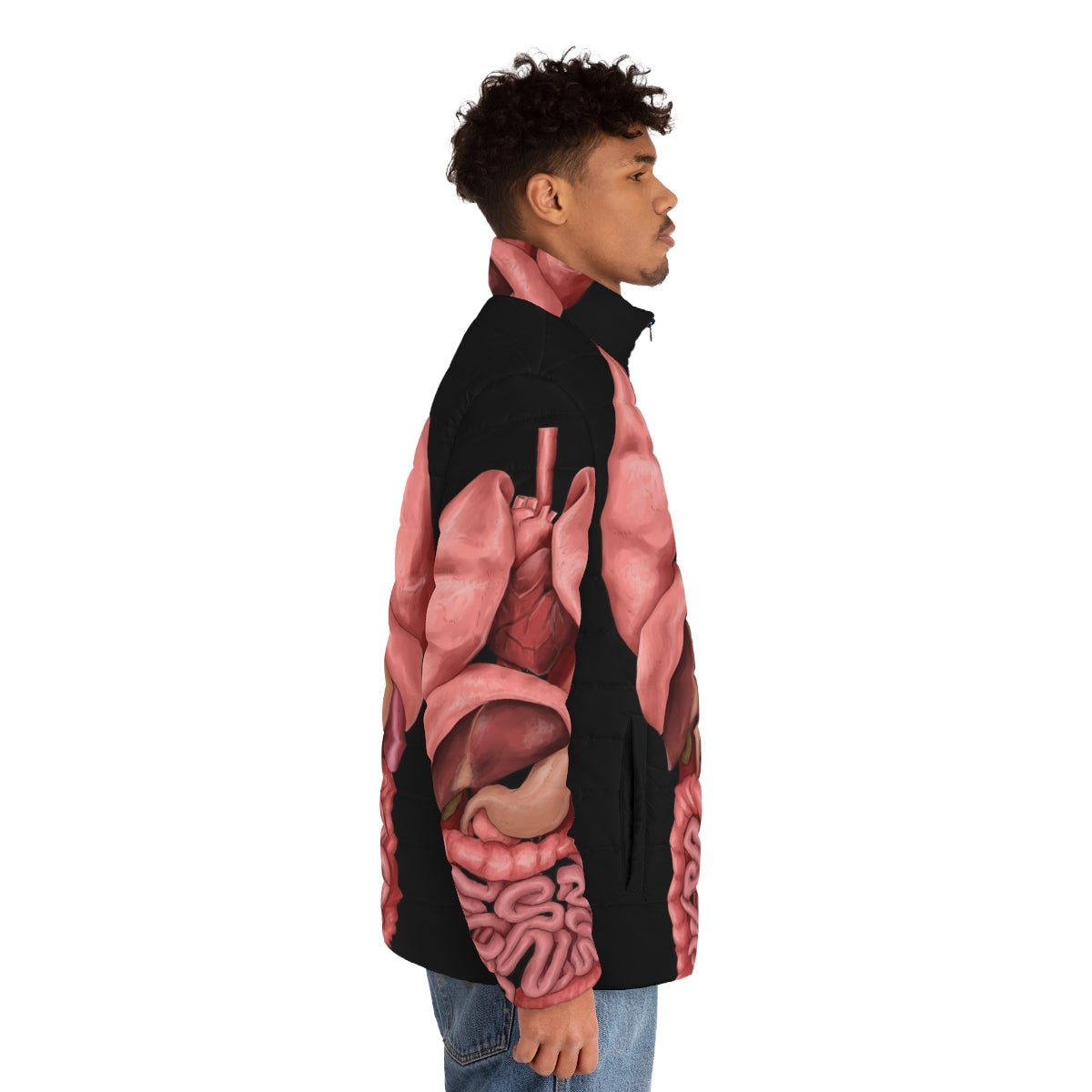 Puffer jacket with printed internal organs and human anatomy in watercolor style - men side right