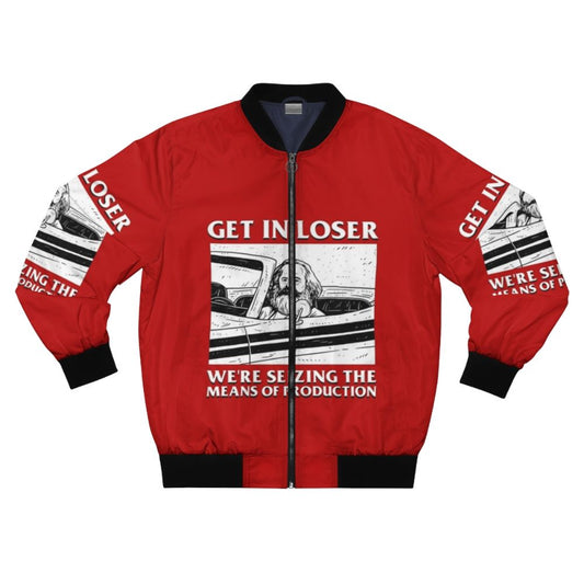 Stylish bomber jacket with "Seize the Means of Production" communist meme design.