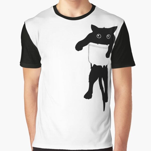 Black cat graphic t-shirt with a minimalist "hang loose" pocket art design