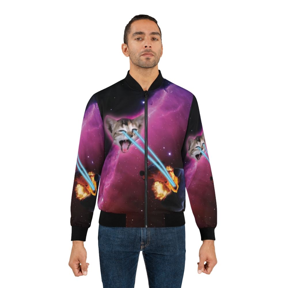 Laser Cat Bomber Jacket with Cosmic Explosions and Planets - Lifestyle