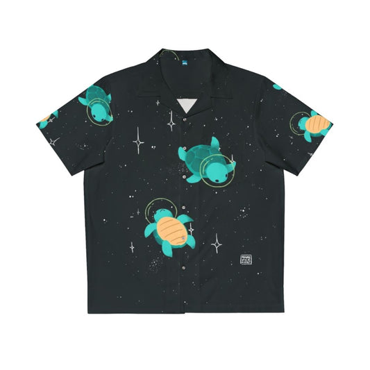 Cute green space turtle on a colorful Hawaiian-style shirt