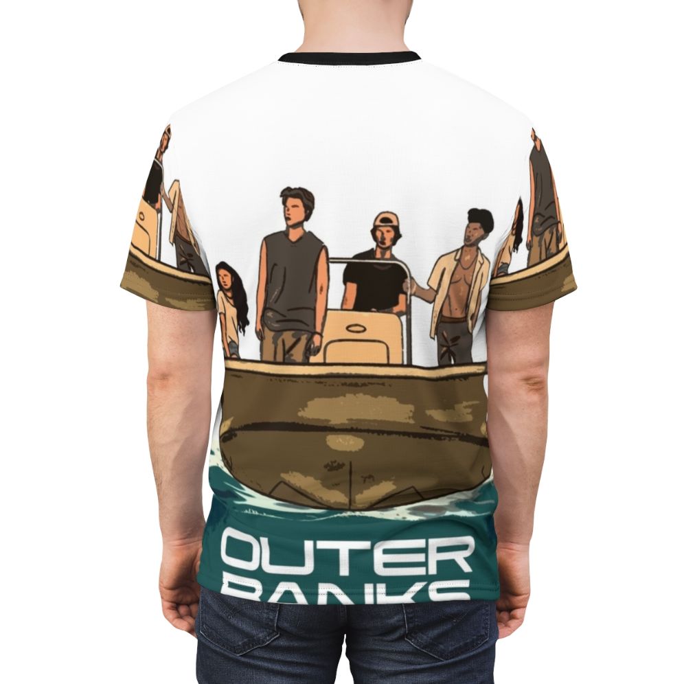 Coastal-inspired Outer Banks tribute t-shirt featuring key characters and icons from the popular Netflix series - men back