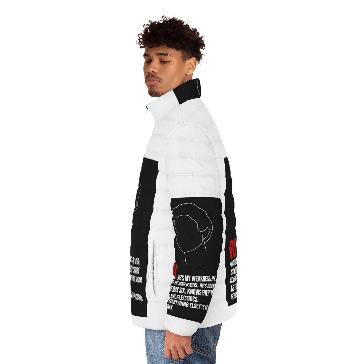 Money Heist Rio Puffer Jacket with House of Money lineart design - men side left