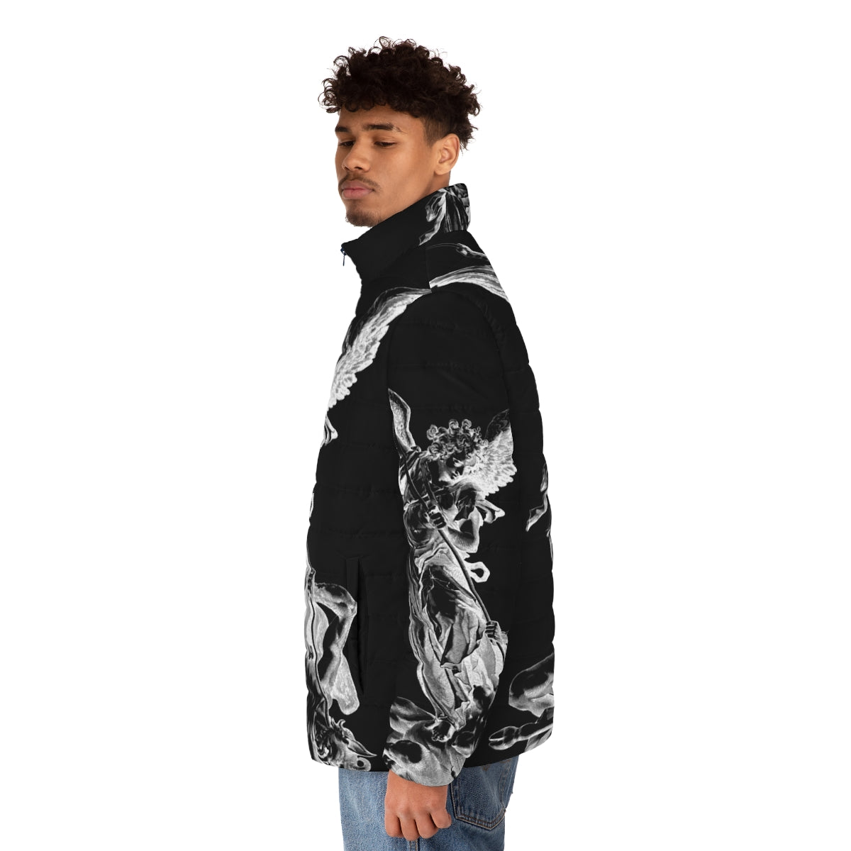 Archangel Michael puffer jacket featuring imagery of the celestial warrior conquering the devil - men side left