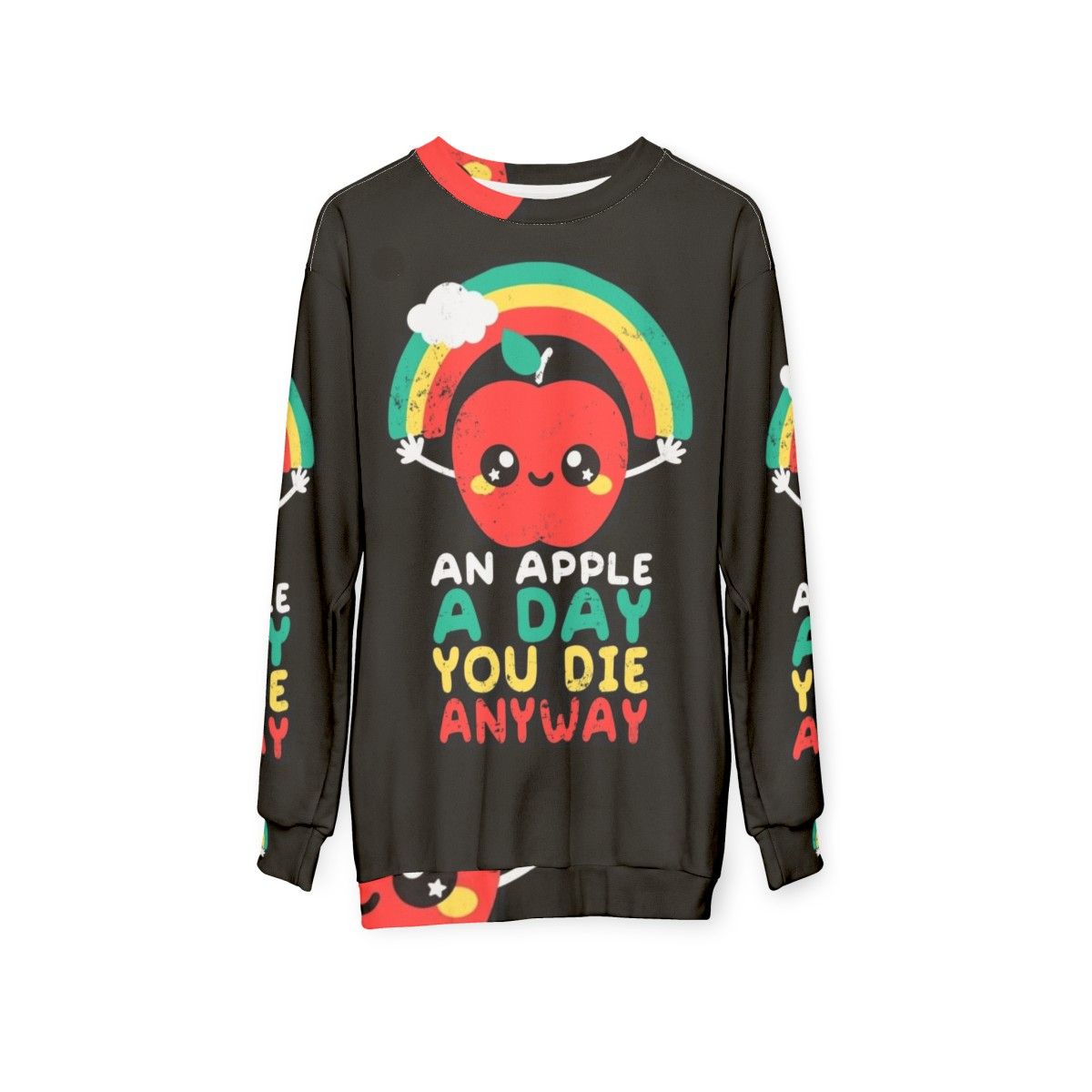 Sarcastic "An Apple a Day" Dark Humor Sweatshirt with Kawaii Rainbow Apple - hanging