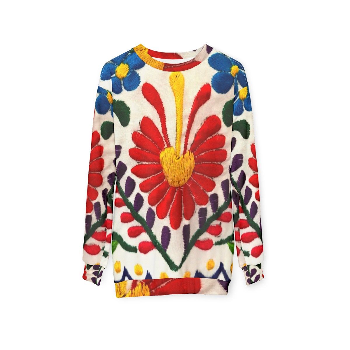 Mexican flowers sweatshirt with red floral design - hanging