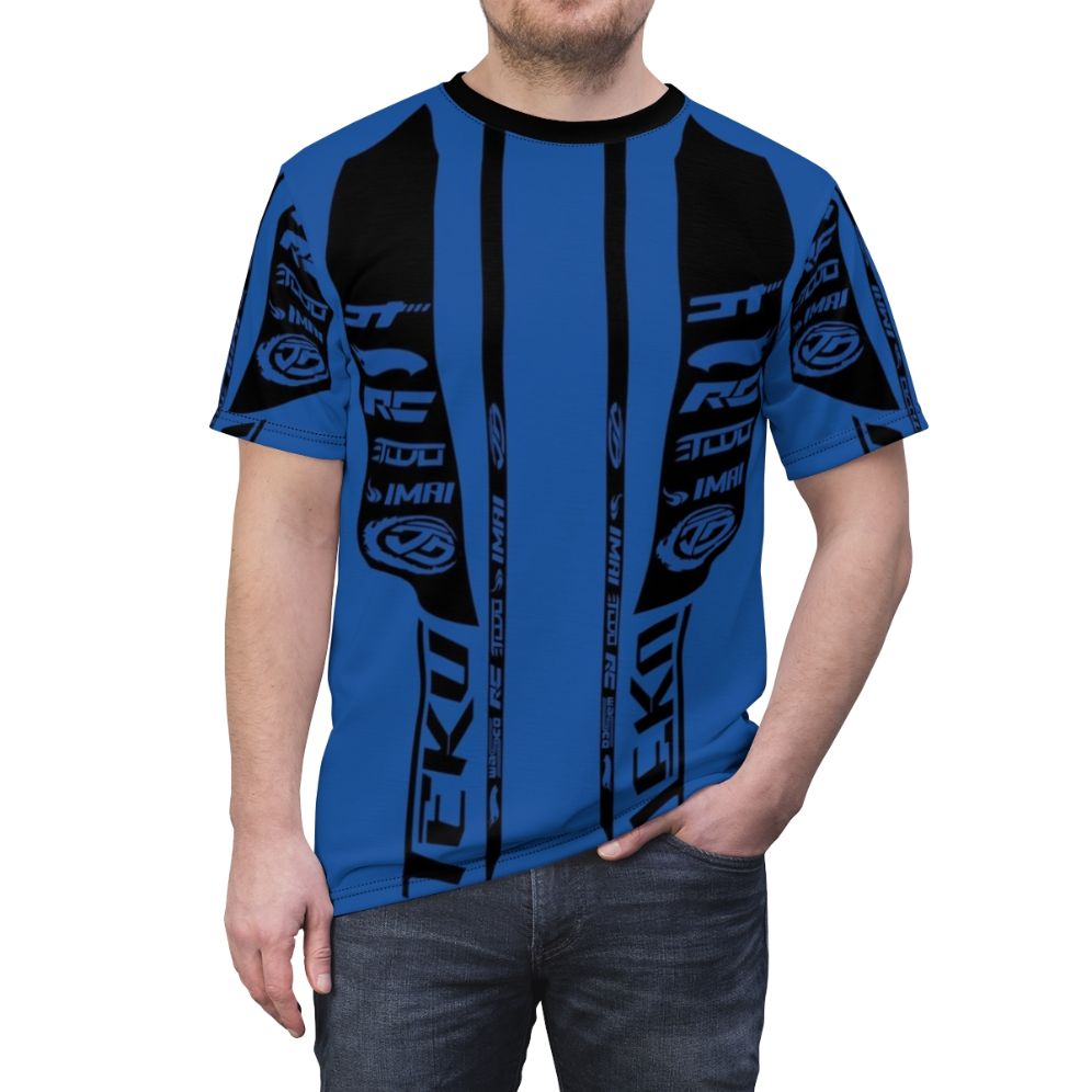 Teku-inspired AOP t-shirt with Chicane design, featuring Hot Wheels Acceleracers elements. - men front