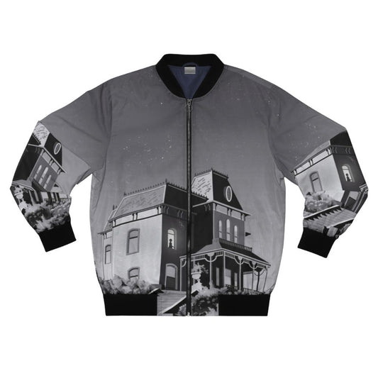 Illustration of Alfred Hitchcock's classic film "Psycho" on a bomber jacket