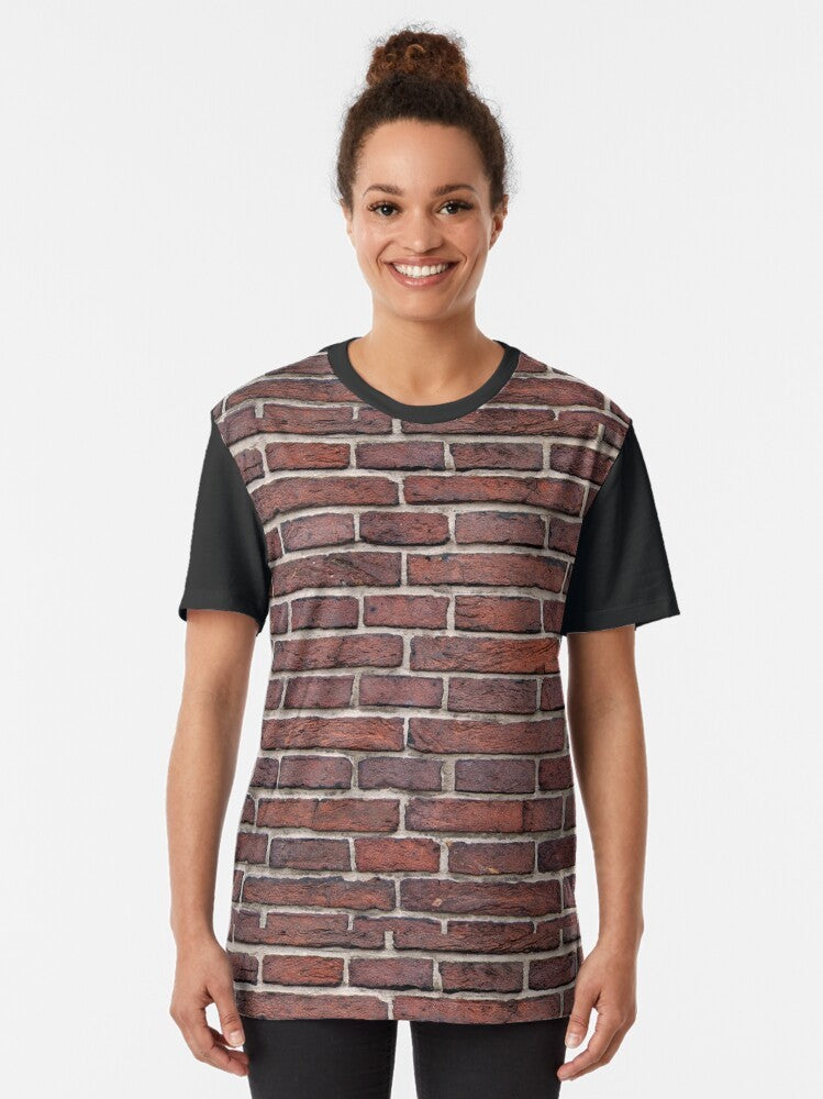 Brick wall graphic t-shirt with a solid, textured masonry pattern in red and grunge tones - Women