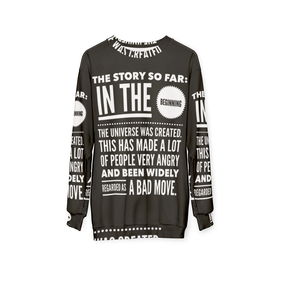 The Hitchhiker's Guide to the Galaxy inspired sweatshirt with space theme and Douglas Adams quote - hanging