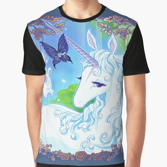 A graphic t-shirt featuring the iconic unicorn from the fantasy film "The Last Unicorn"