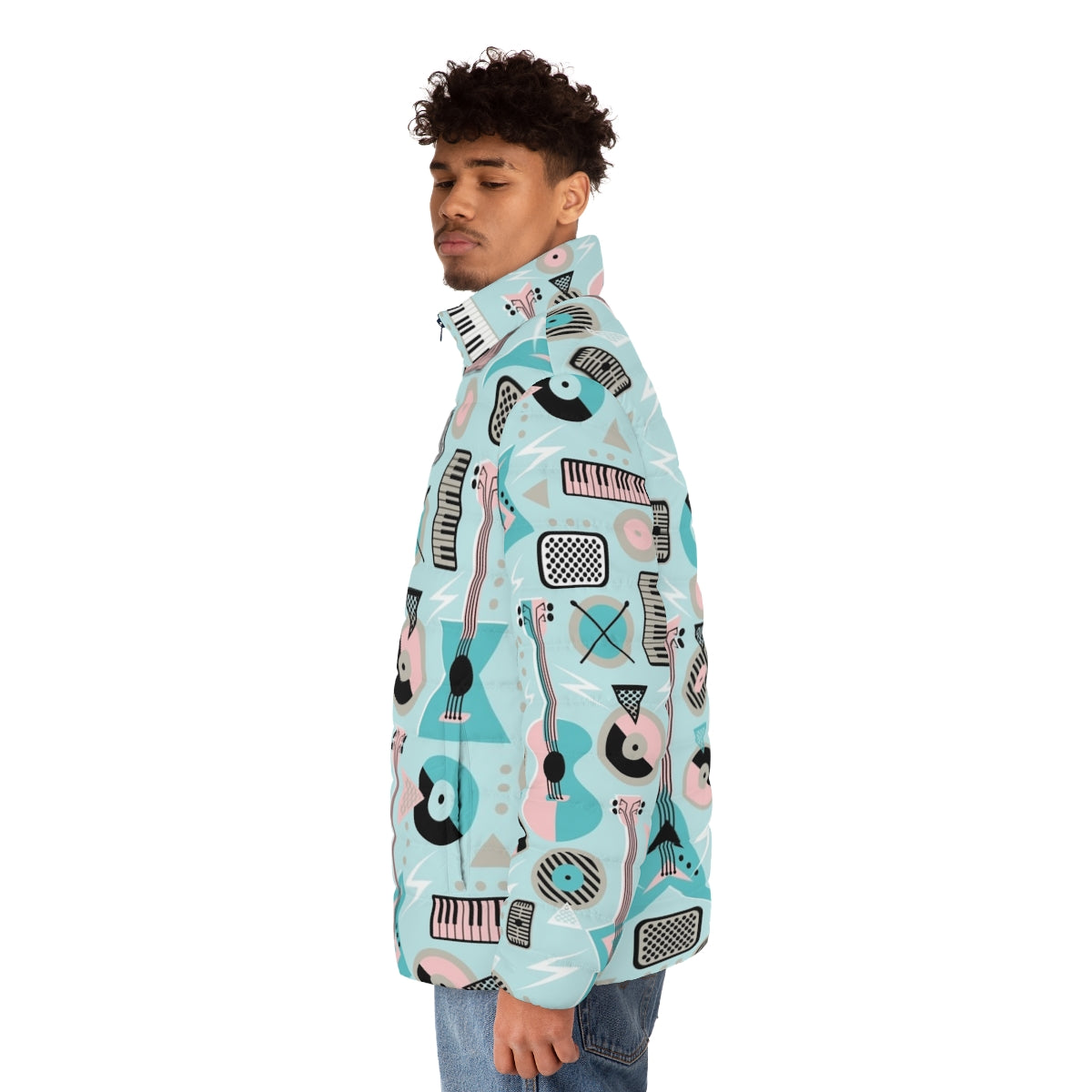 Retro musical turquoise puffer jacket with guitars, piano keys, and lightning bolt design - men side left