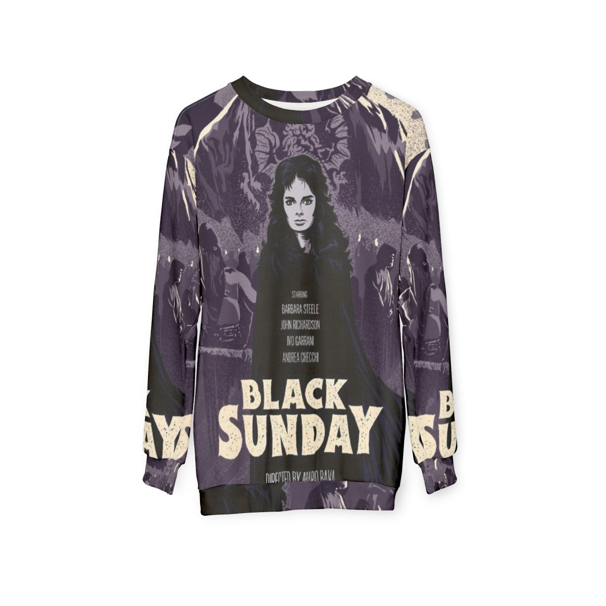 Black Sunday Horror Sweatshirt with Italian Gothic Horror Imagery - hanging