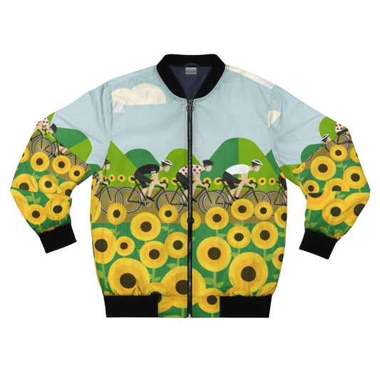 Bicycle and sunflower pattern bomber jacket for cycling and Le Tour de France enthusiasts