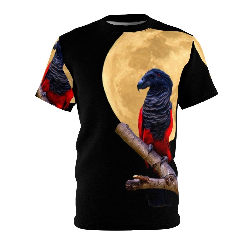 Illustration of a parrot wearing a Dracula costume against a crescent moon on a black t-shirt