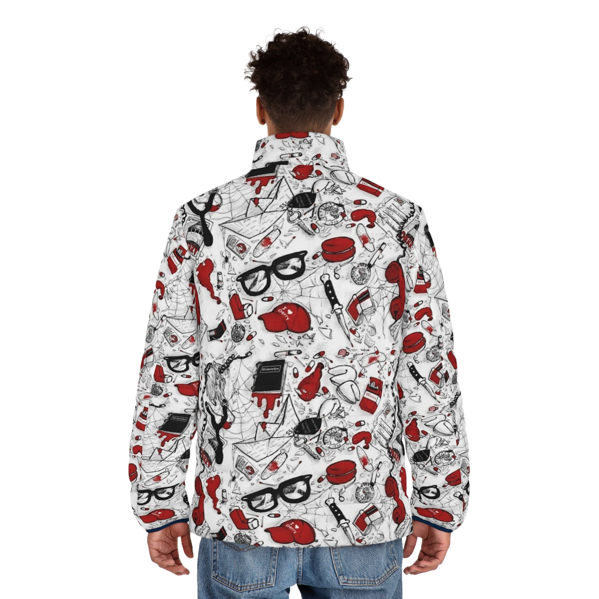 Reversible repeating pattern puffer jacket featuring characters from the IT movie franchise - men back