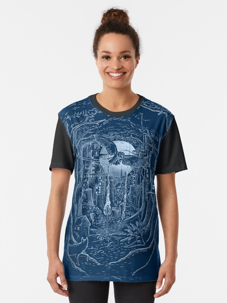 Graphic t-shirt featuring a forest scene with a full moon, animals, and trees - Women