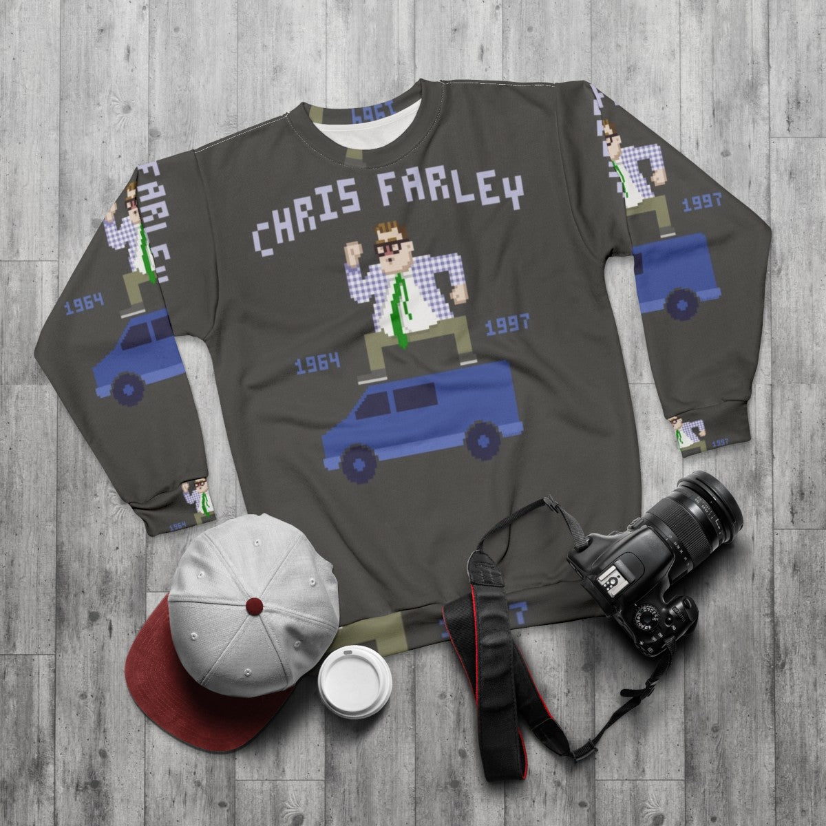 Chris Farley as Matt Foley from SNL in comedy sweatshirt - flat lay