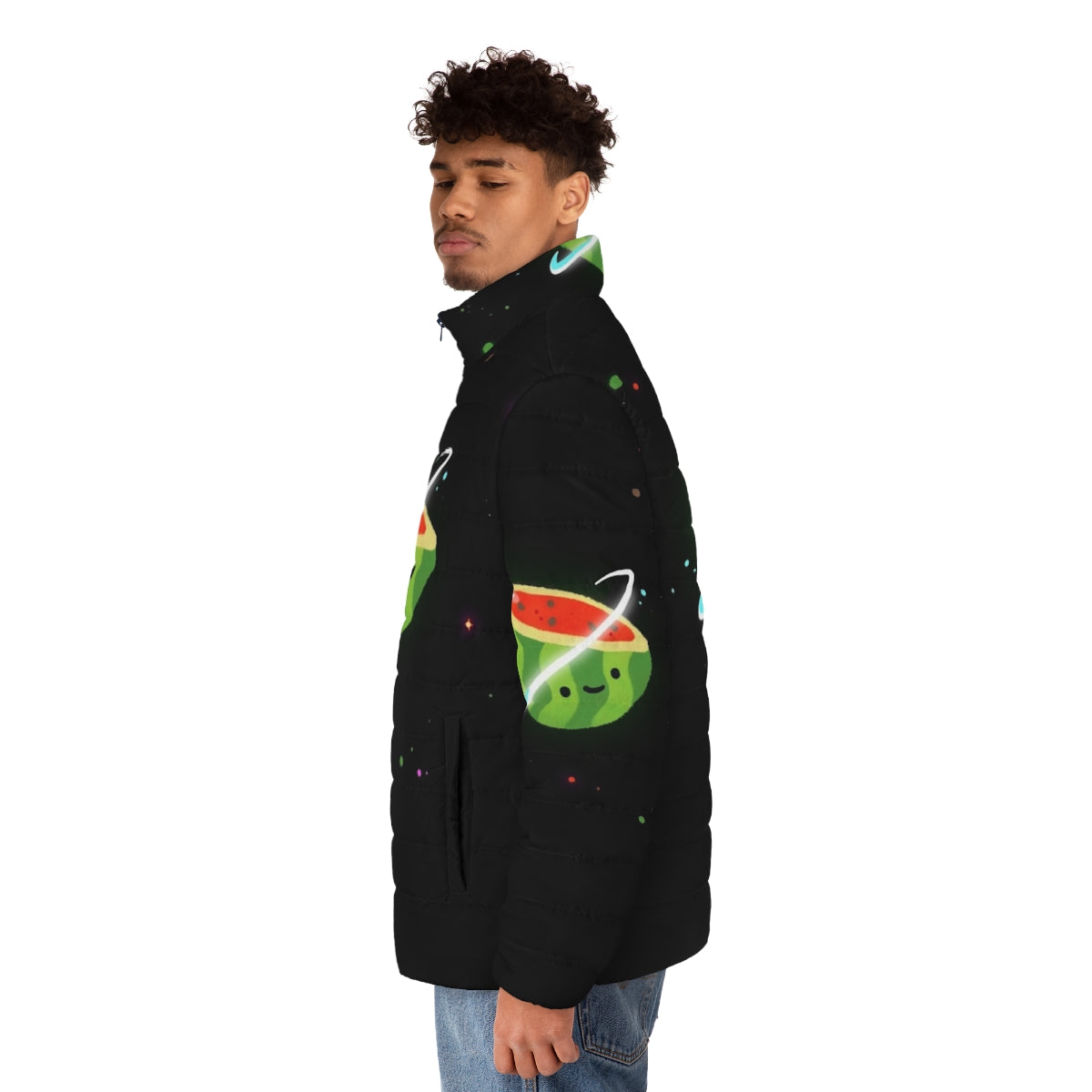 Spacemelon puffer jacket with kids character design and space-inspired graphics - men side left