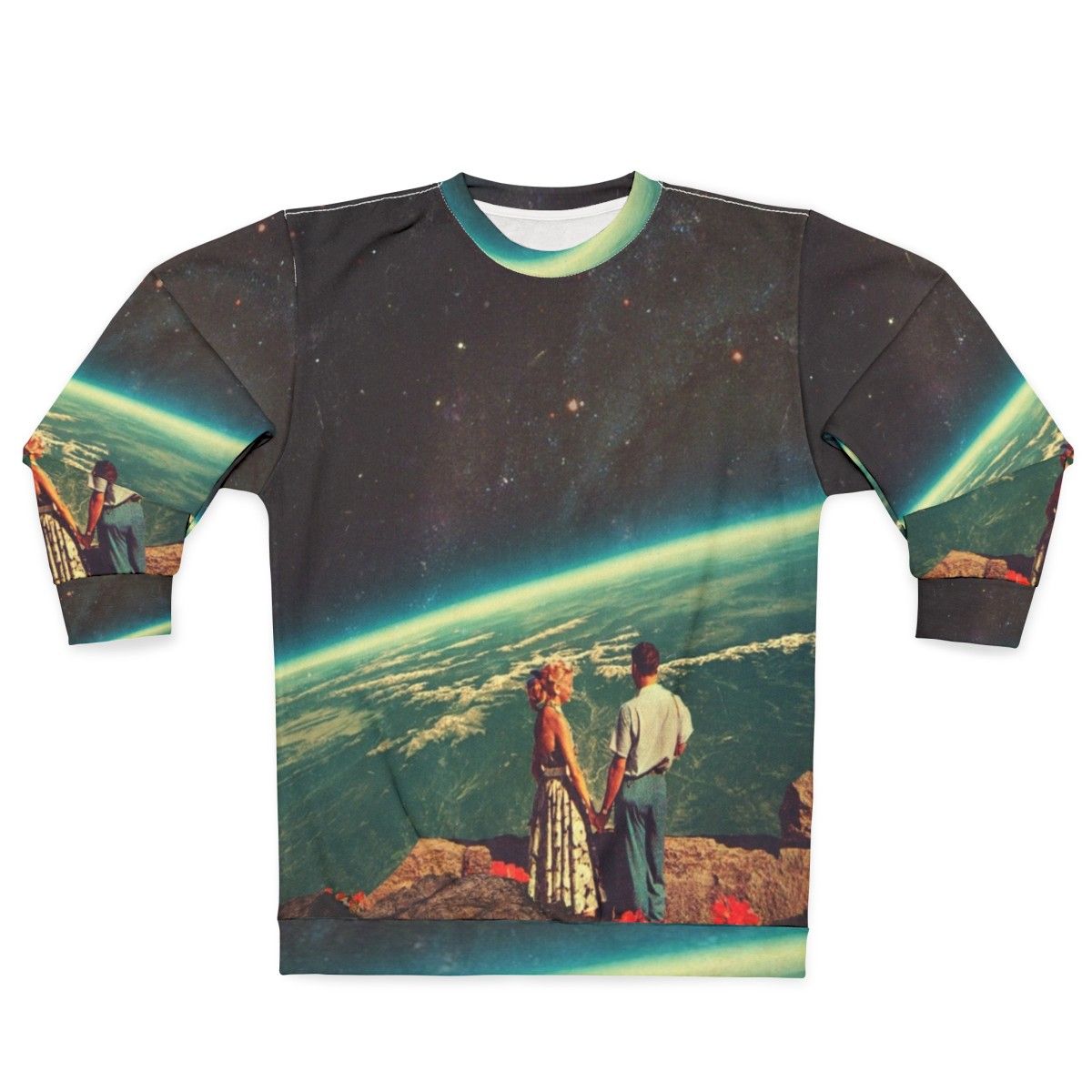 Retro space couple love sweatshirt design with digital collage