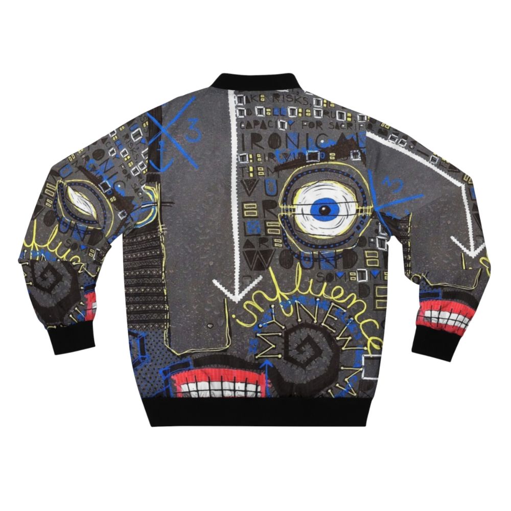 Influence Basquiat Style Bomber Jacket with abstract word art design and face with mustache - Back