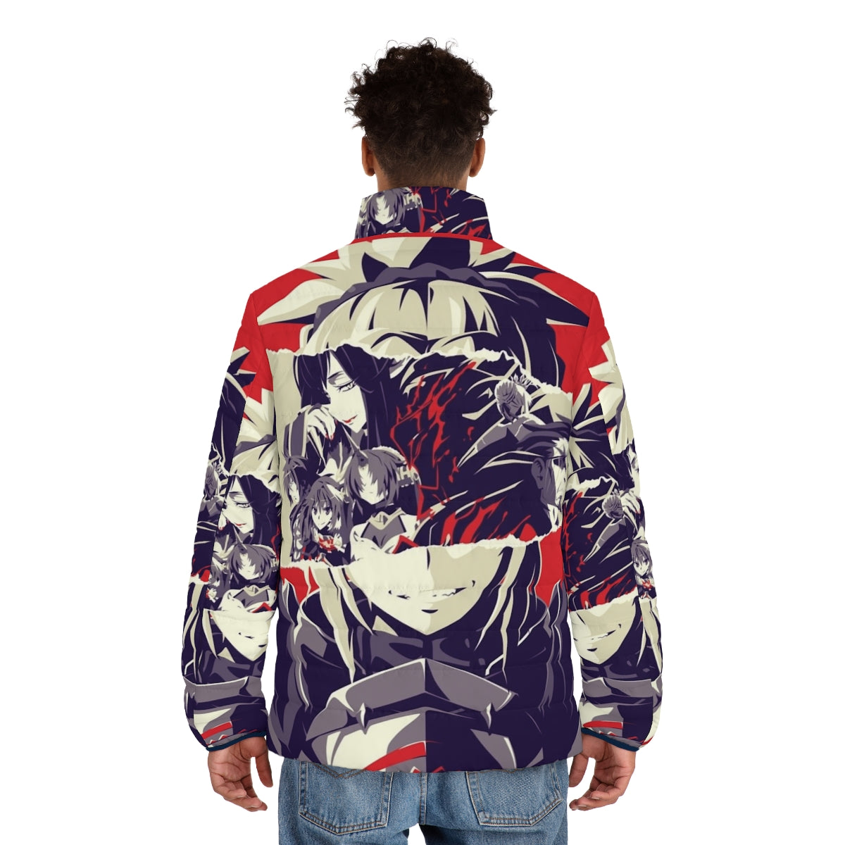 Red puffer jacket featuring characters from the Fate Apocrypha anime series - men back