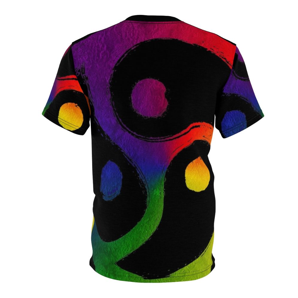 Colorful LGBTQIA+ Triskelion T-shirt design featuring a triskelion symbol, rainbow colors, and inclusive language. - Back