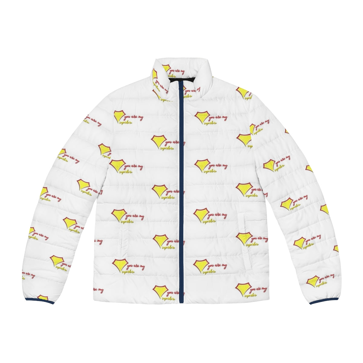 "You Are My Superhero" puffer jacket with inspirational superhero design