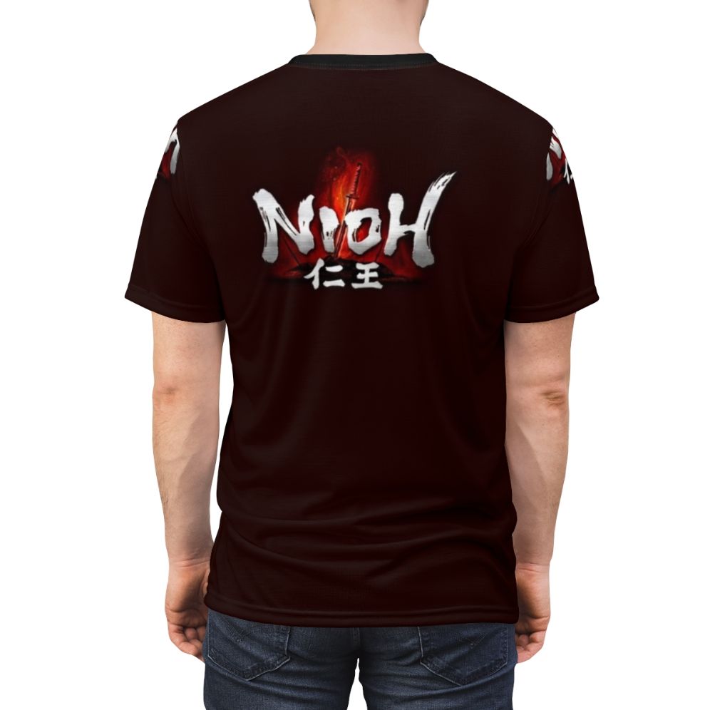 Nioh-inspired action RPG t-shirt with samurai and Japanese mythology imagery - men back