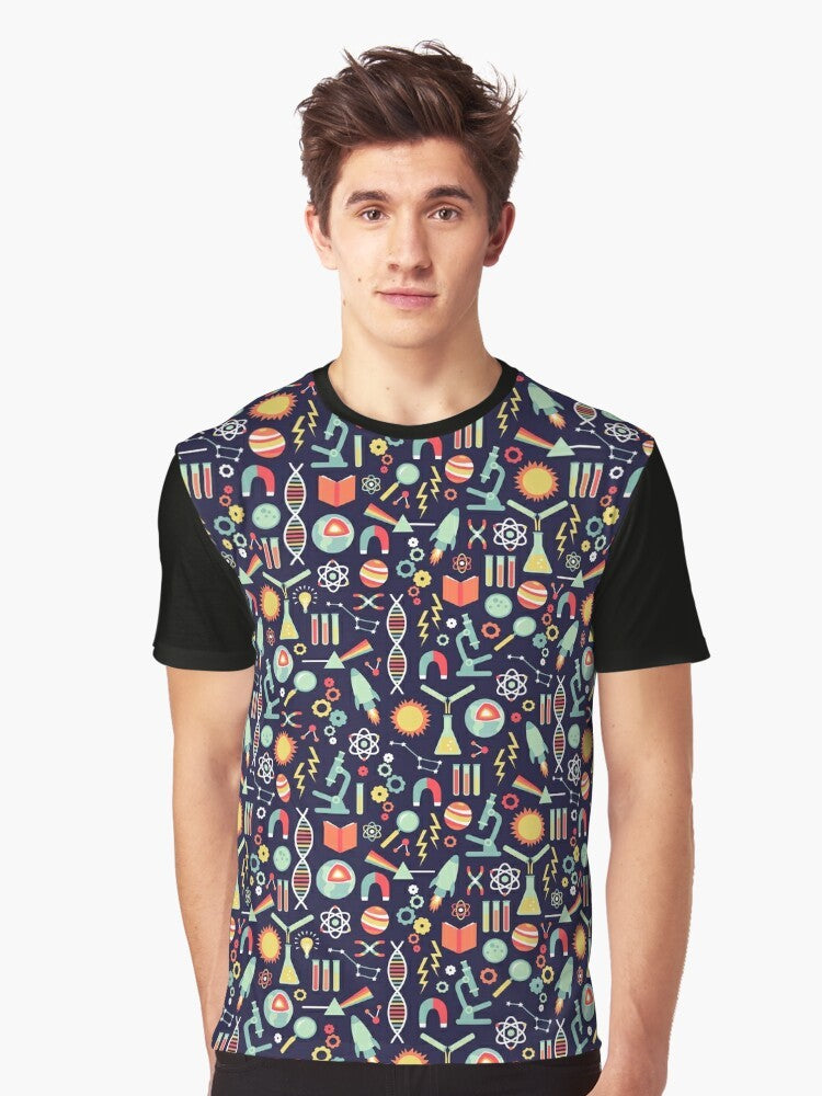 Science Studies Graphic T-Shirt featuring a colorful damask pattern with laboratory equipment symbols like beakers and test tubes. - Men