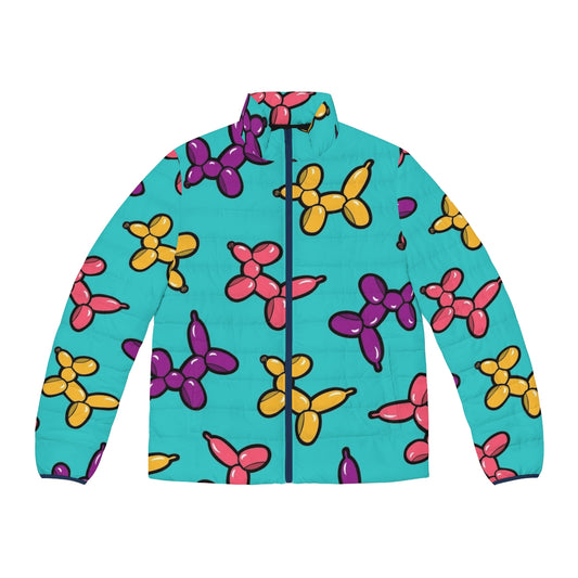 Colorful illustrated balloon animal dogs pattern on a blue puffer jacket