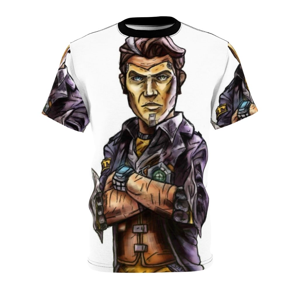 Borderlands inspired all-over-print t-shirt featuring the character Handsome Jack from the Borderlands video game series