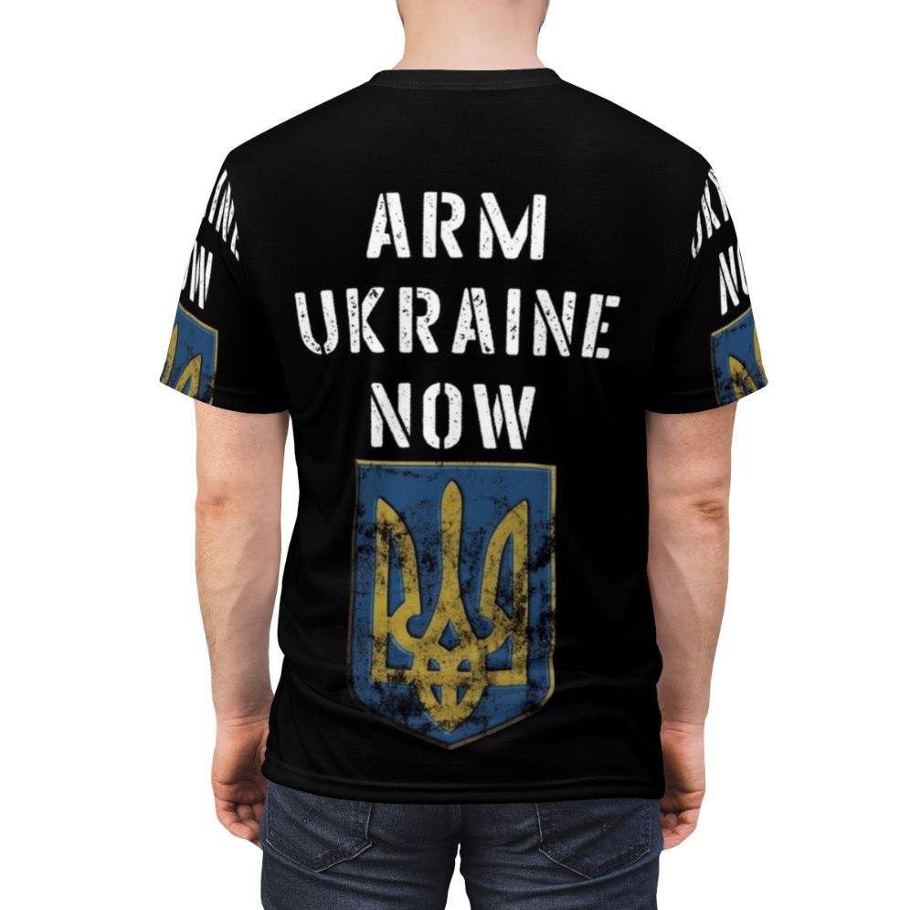 Ukrainian resistance t-shirt in blue and yellow colors featuring Ukrainian symbols and a call to action to support Ukraine against the Russian invasion. - men back