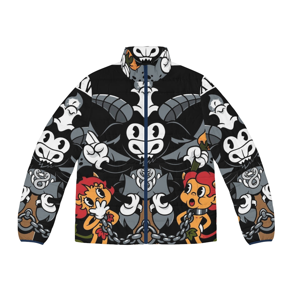 Baphomet tarot card puffer jacket featuring a vintage, retro-style design