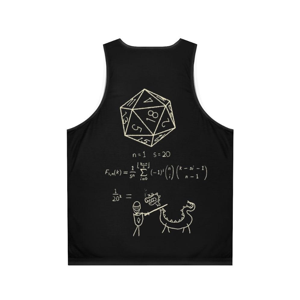 Unisex tank top featuring the science of 20-sided dice - Back