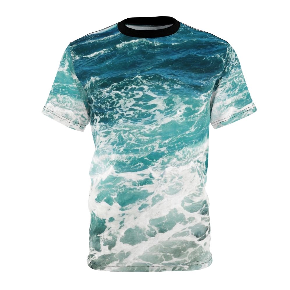 Model wearing a blue t-shirt with an abstract ocean waves pattern