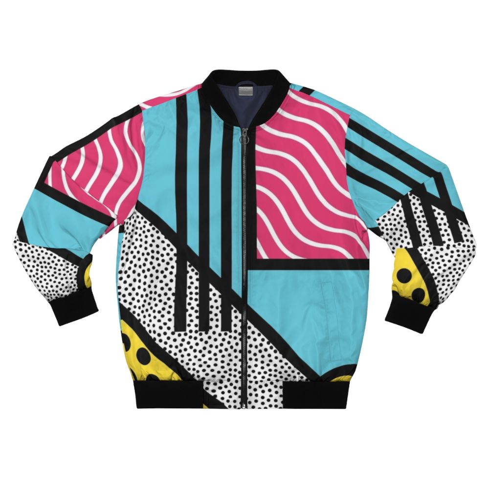 Abstract 80s Memphis pop art style graphics printed on a colorful and trendy bomber jacket.