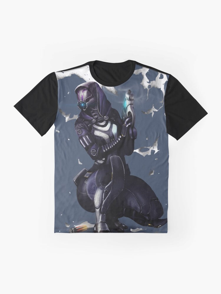 Tali'Zorah, the quarian character from the Mass Effect video game franchise, featured on a graphic t-shirt. - Flat lay