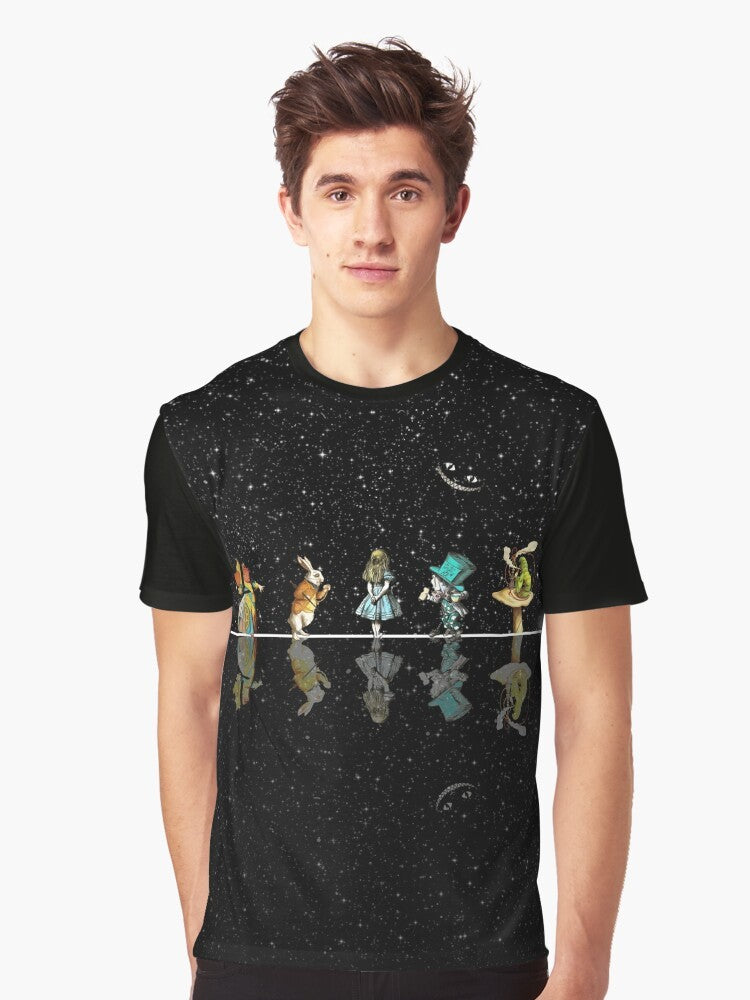 Surreal graphic tee featuring Alice in Wonderland characters against a starry night sky background. - Men