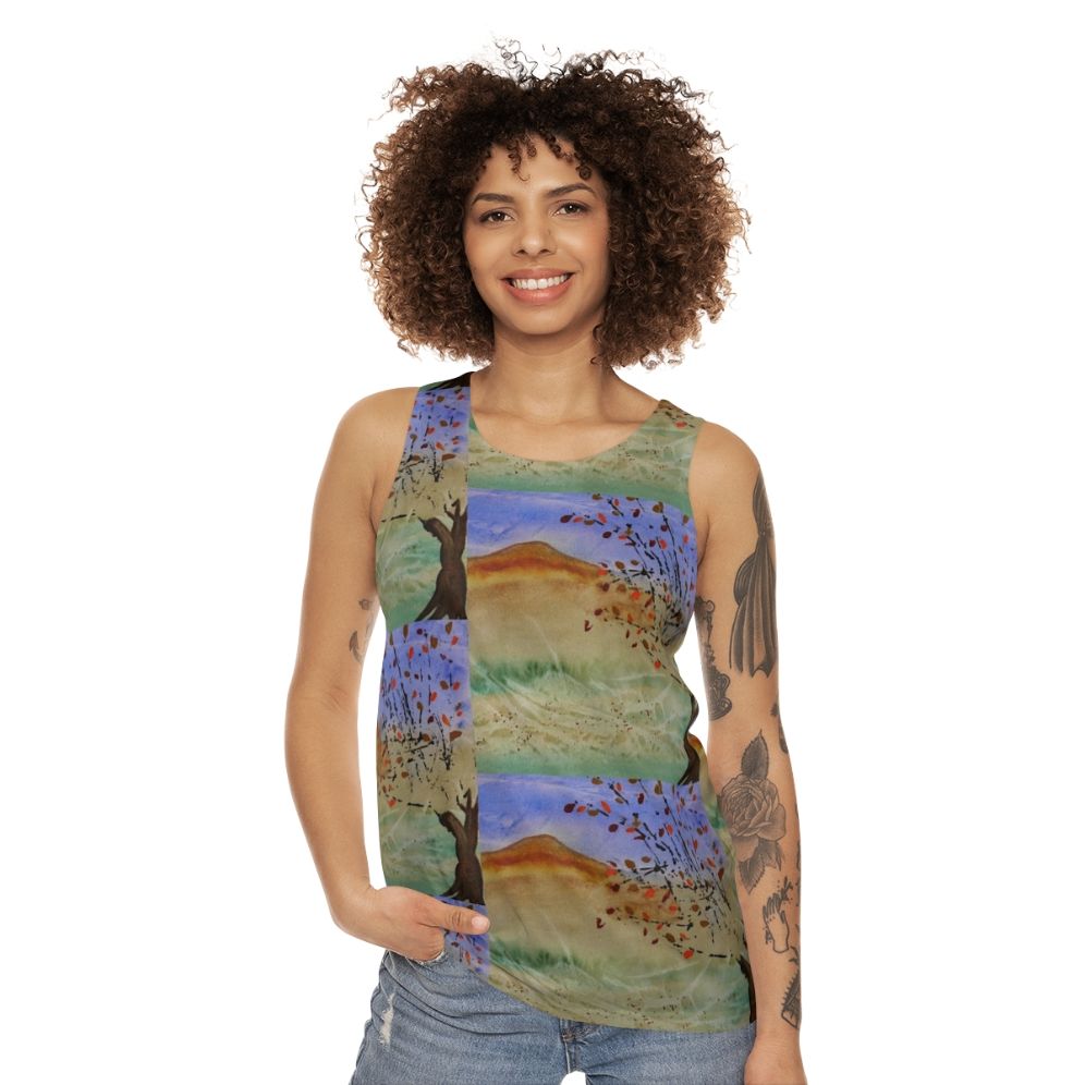 Windswept unisex tank top featuring a scenic landscape - women