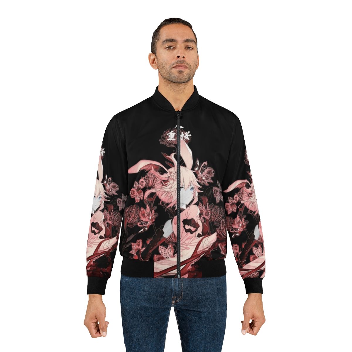 Yae Sakura inspired samurai bomber jacket with higanbana flowers and Japanese hieroglyphs - Lifestyle