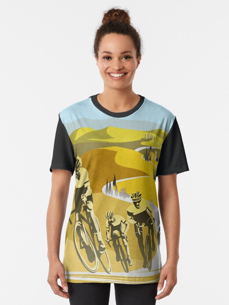 Vintage cycling art design featuring the Strade Bianche cycling race in Tuscany, Italy - Women