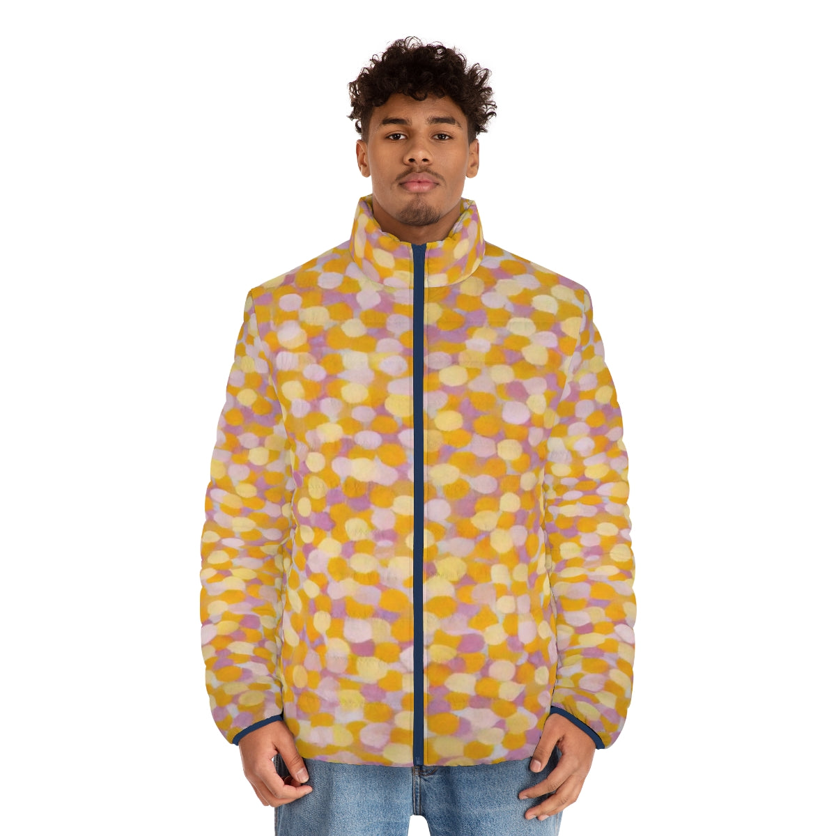 Puffer jacket featuring Thomas Downing's abstract geometric art - men front