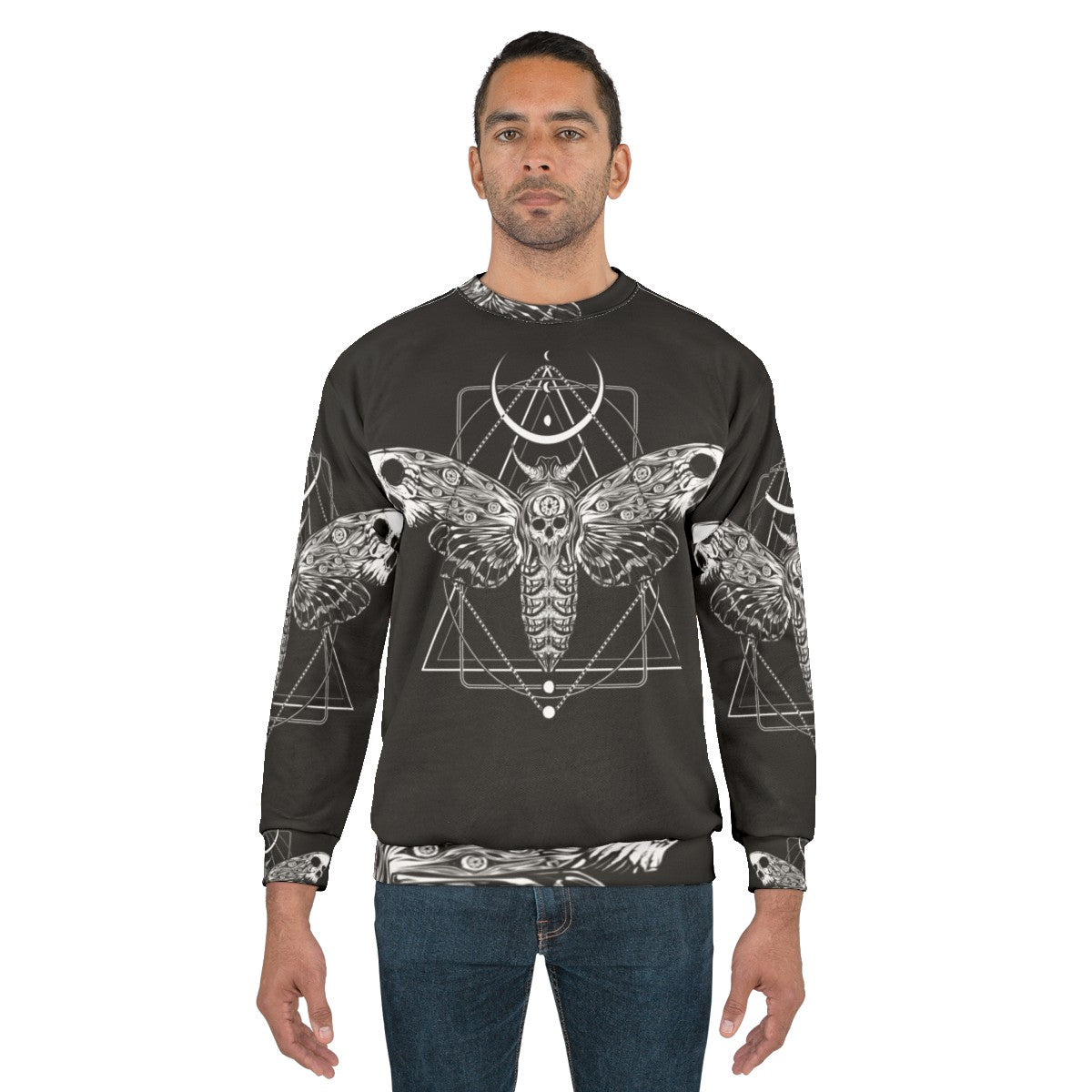 Surreal death moth graphic on a black sweatshirt - men