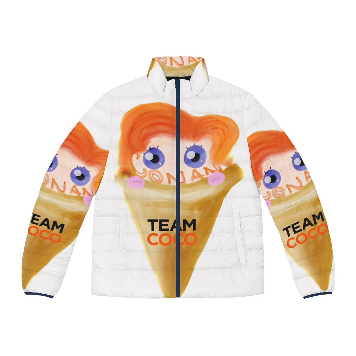 Image of a puffer jacket with an ice cream design, featuring Conan O'Brien branding