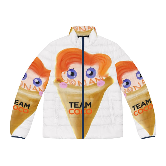 Image of a puffer jacket with an ice cream design, featuring Conan O'Brien branding