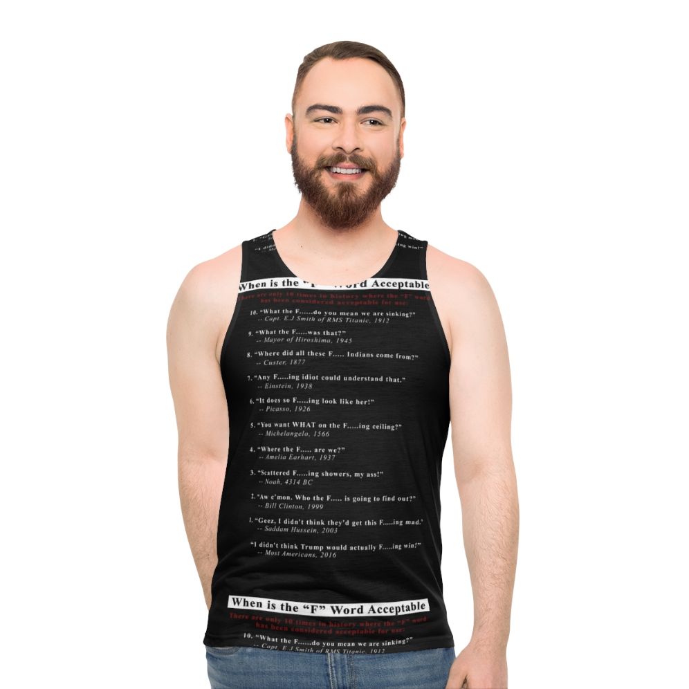 Black unisex tank top with "When the F-Word is Acceptable" graphic - men