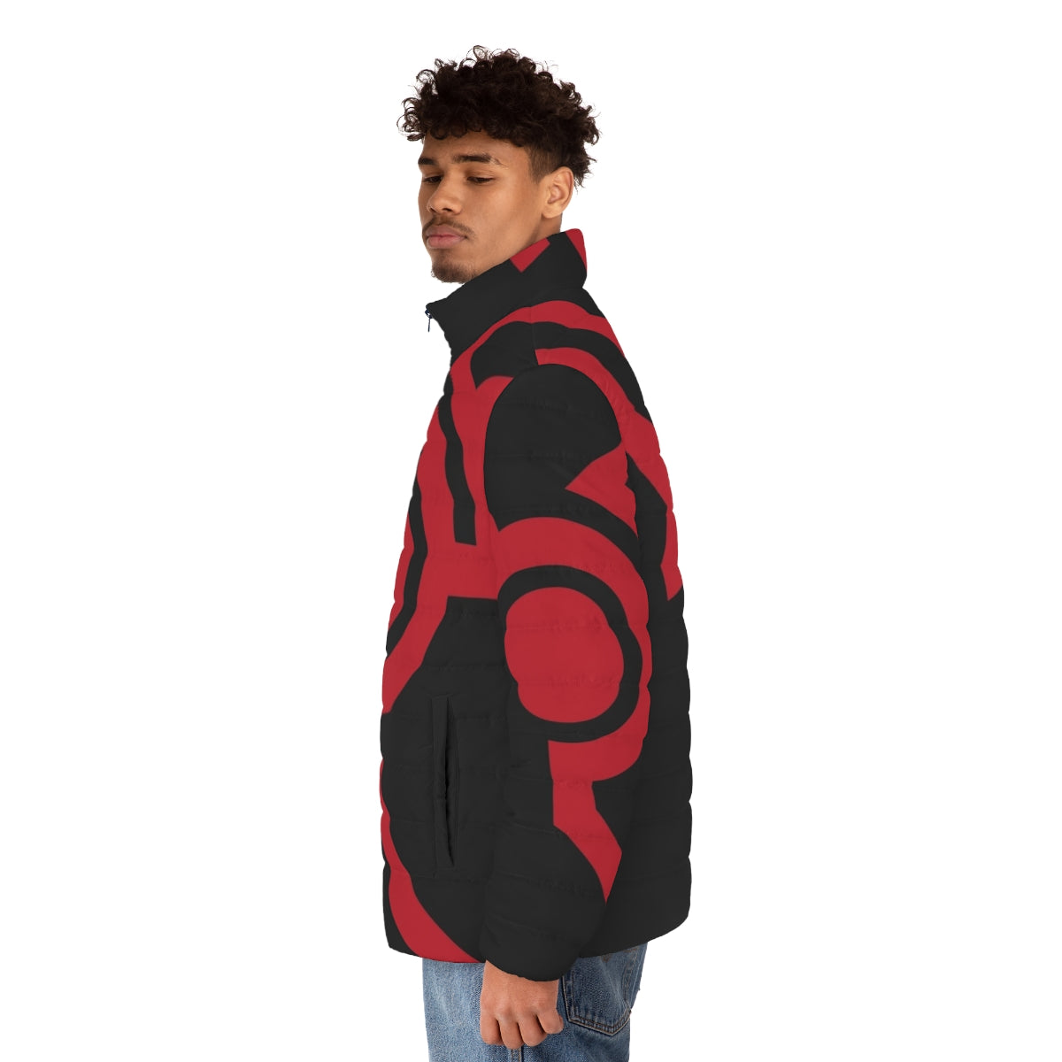 Techno Circuit Puffer Jacket with Red and Black Dragon Design - men side left