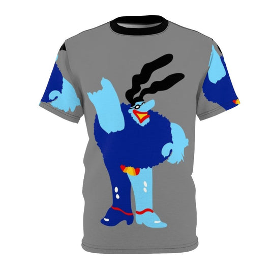 Retro-style t-shirt with a blue meanie graphic design, inspired by 1960s music and culture.