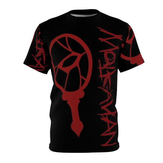 Malkavian-inspired vampire t-shirt with a design featuring a mirror, eye, and elements of madness and the occult.